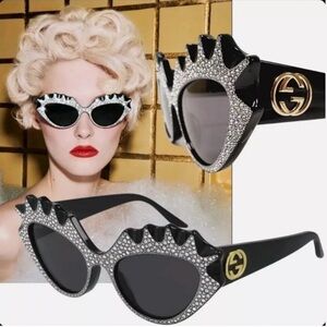 Gucci "Hollywood Forever" Black Cat Eye Crystal Embellished Sunglasses